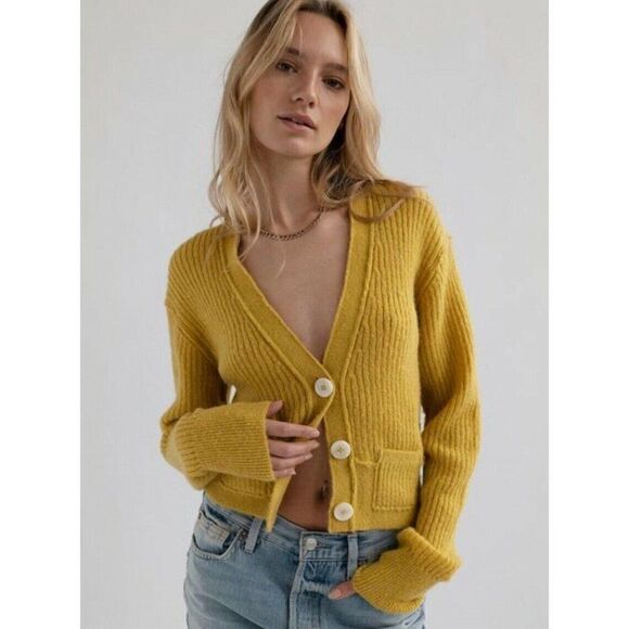NWT FREE PEOPLE Sz S MIMOSA RIBBED CROPPED CARDIGAN SWEATER In SUNSHINE - Picture 2 of 2